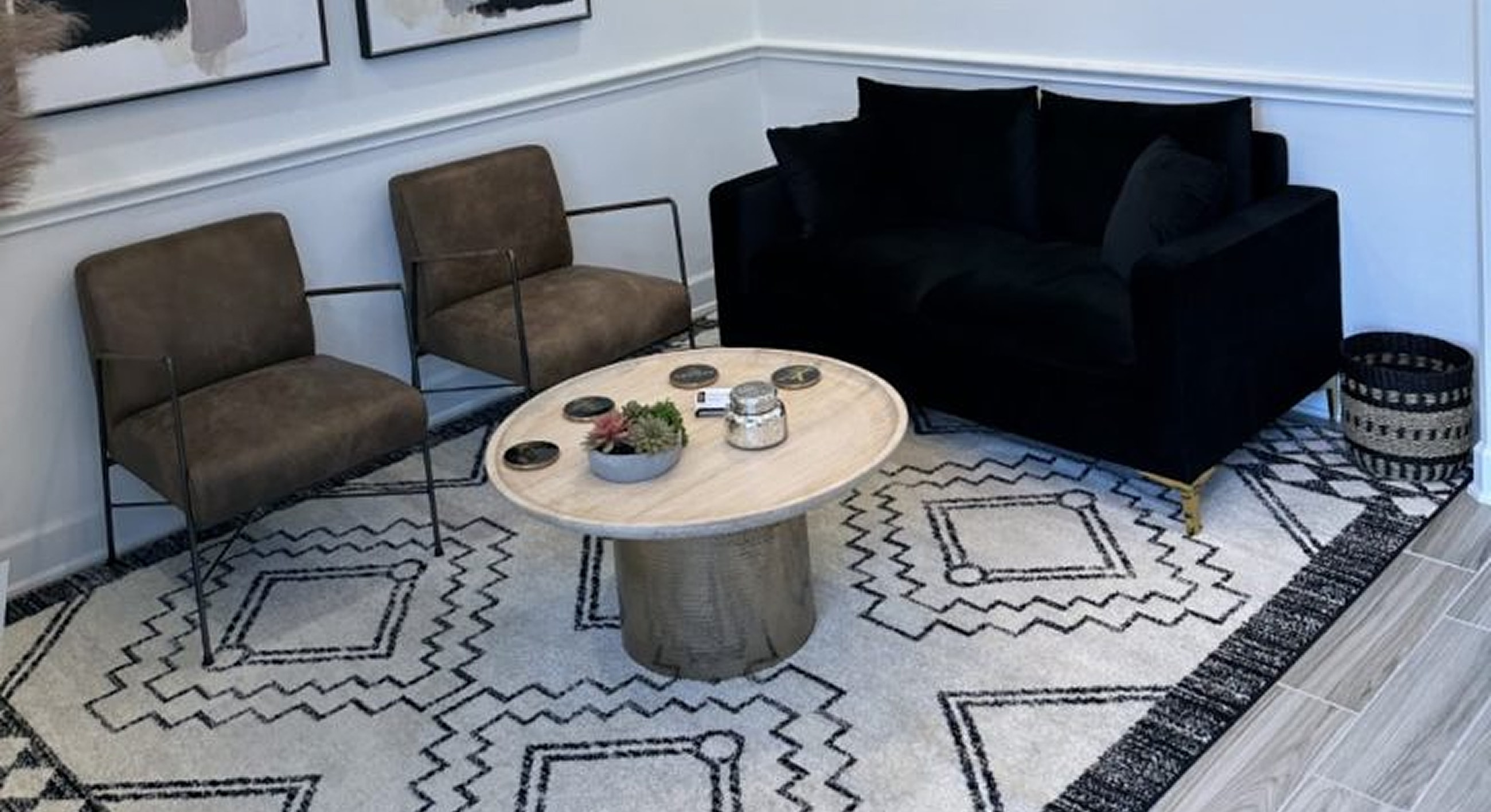 Modern living room with stylish furniture and decor.